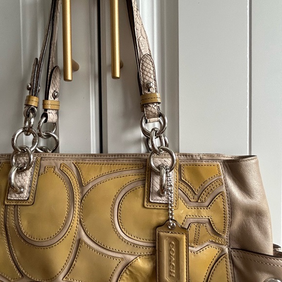 Coach Taupe and Yellow Patent Signature Tote - Picture 6 of 12